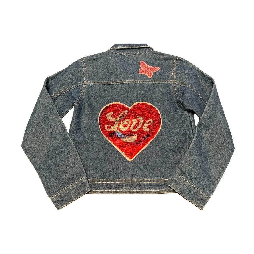 Upcycled Custom Designed Girl’s Denim Jacket- Sz 12- Butterfly, Love, Smiley